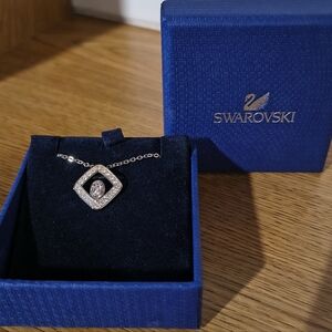 Swarovski Silver-Tone Square Pendant Necklace with Clear Crystal